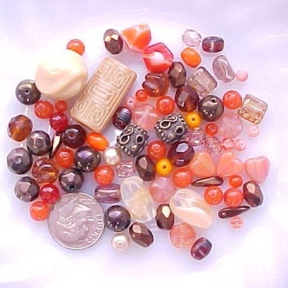 Vintage Glass Beads Orange Beige Tan Fall Autumn Czech DIY Craft Jewelry Making - Picture 1 of 5